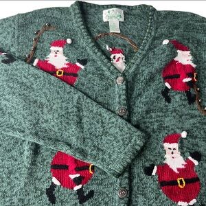 The Quacker Factory Womens Santa Christmas Ugly Sweater Cardigan Bells Sz 1X Vtg